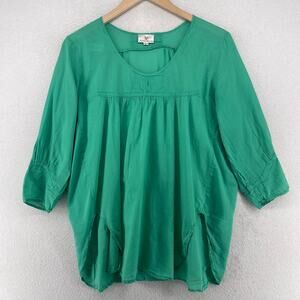 ANOKHI Top L Indian Boho Shirred Tunic 3/4 Sleeve Blouse Woven Cotton Green